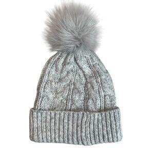 LOFT Gray Cable Knit Pom Pom Beanie Faux Fur Winter Hat Cozy Cold Weather